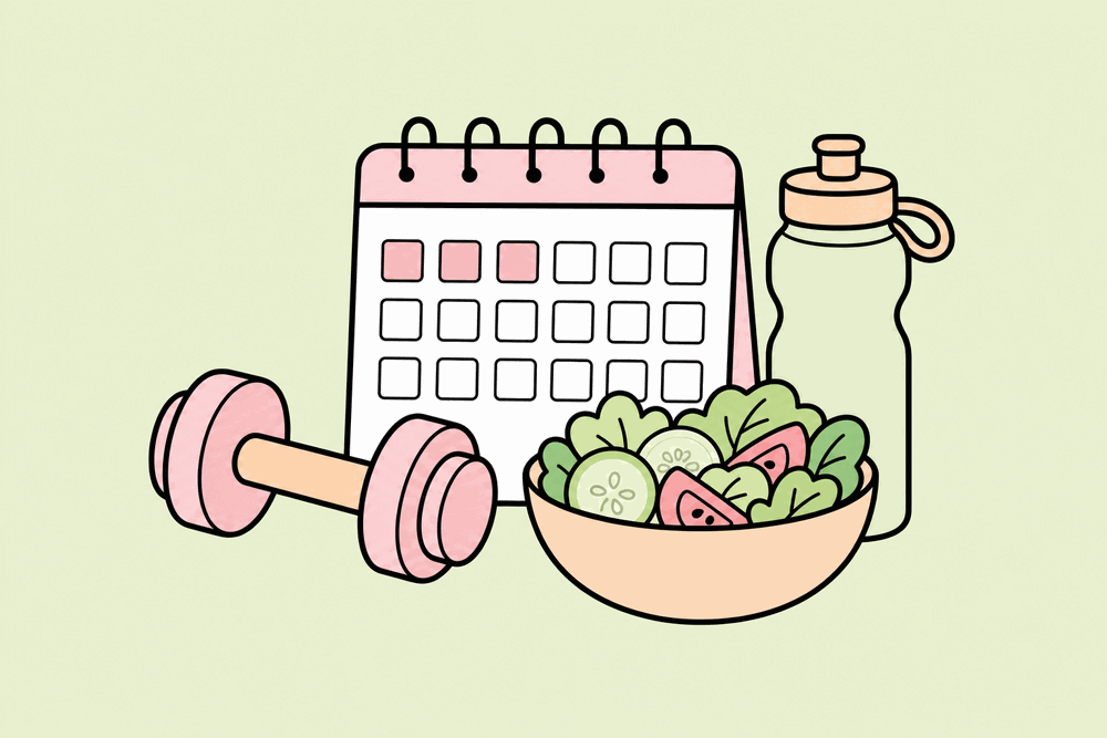 Fitness and healthy-eating tracking: dumbbell, water bottle, salad and a calendar streak