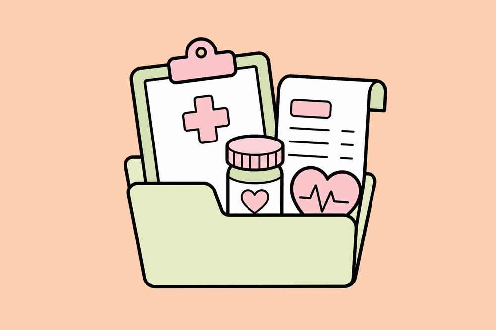 Organized medical records: prescriptions, bills and reports filed in one folder